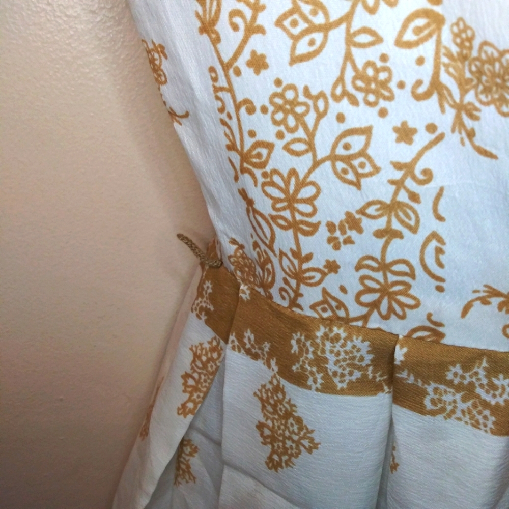 Vintage 1950's Toni Todd Ivory & Gold Floral Short Sleeve Full Skirted Day Dress - Picture 6 of 13